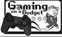 a graphic featuring a cartoon dressed like Mario jumping as coins leave a piggy bank slot in his back. There is a gaming controller in the foreground and tv screen in the background with the words 'gaming on a budget.'