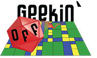 a graphic featuring a die bouncing off a game board with the words 'Geekin' Off'