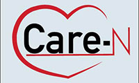 Logo for Care-N, a health monitoring app. Features the name 'Care-N' inside the outline of a red heart with. The 'Care' part is underlined with the line turning into the 'N' at the end, making it look like th line on a heart monitor.
